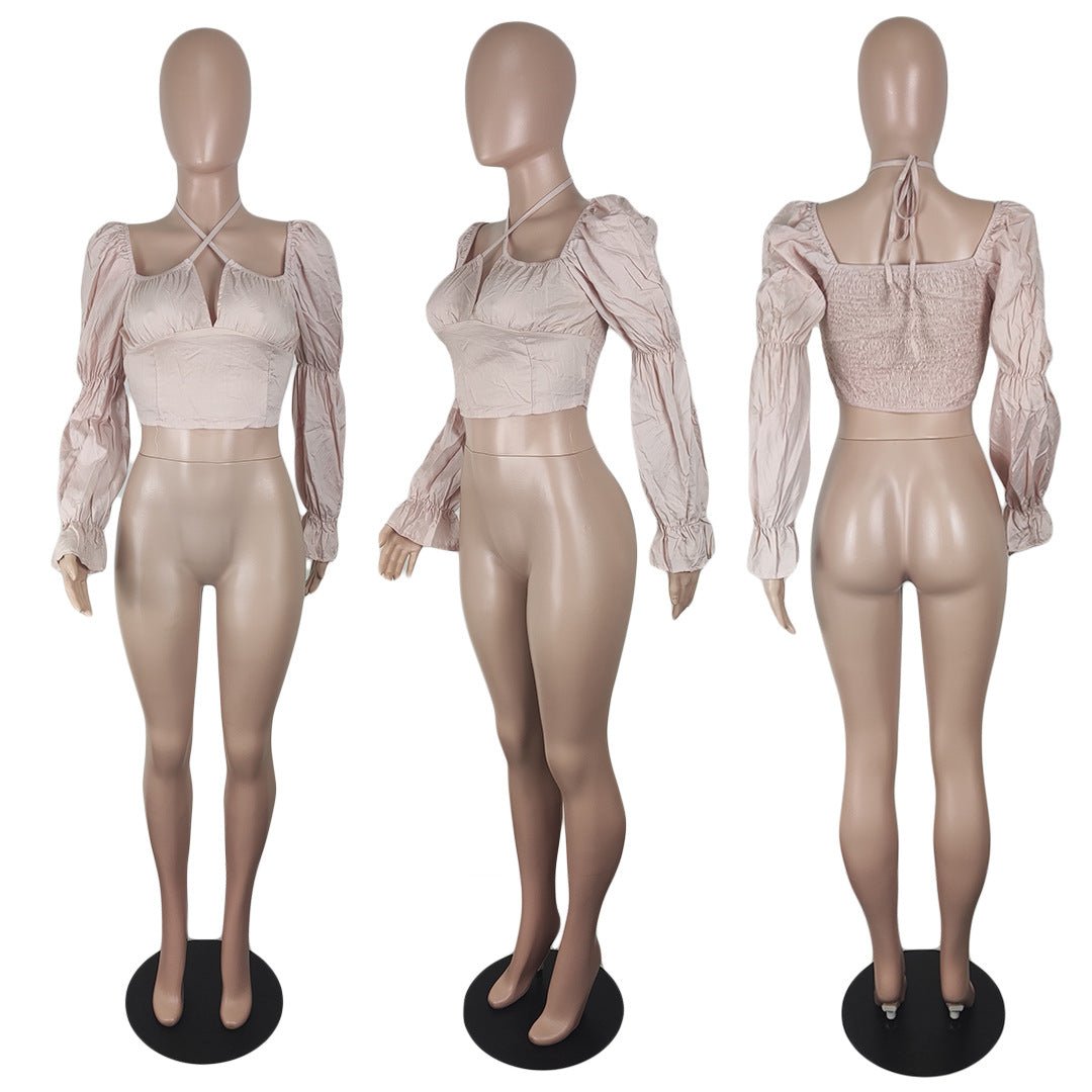 Pleated Balloon Sleeve Cinched Waist Top