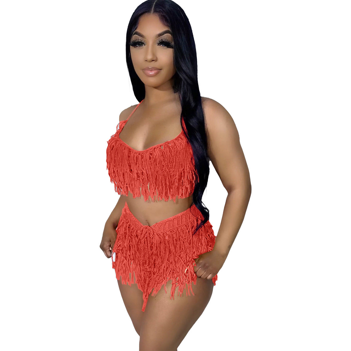 See-through Knitted Hand Crochet Tassel Beach Short Suit