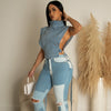 Lace-up Turtleneck Washed Sleeveless Denim Short Vest