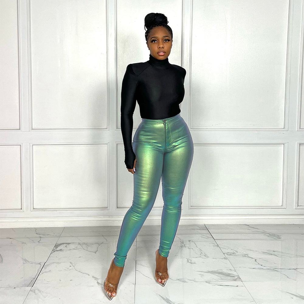 Slim Fit Buttocks Metallic Silver Hot Casual Pants