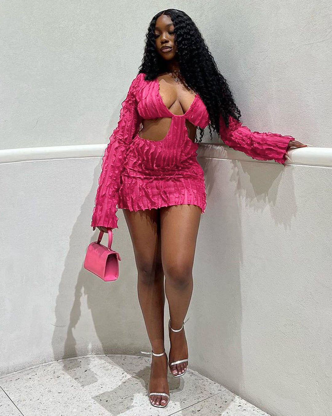 Long Sleeve Mesh Wave Pattern Sexy Short Dress