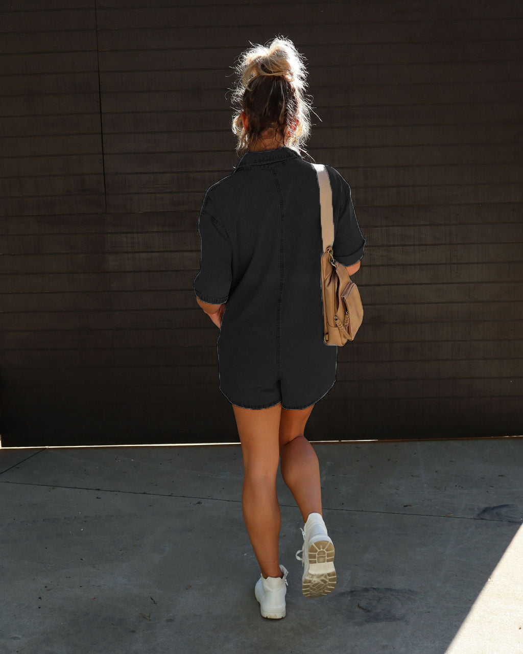 Polo Neck Short Sleeved Shorts Denim Jumpsuit