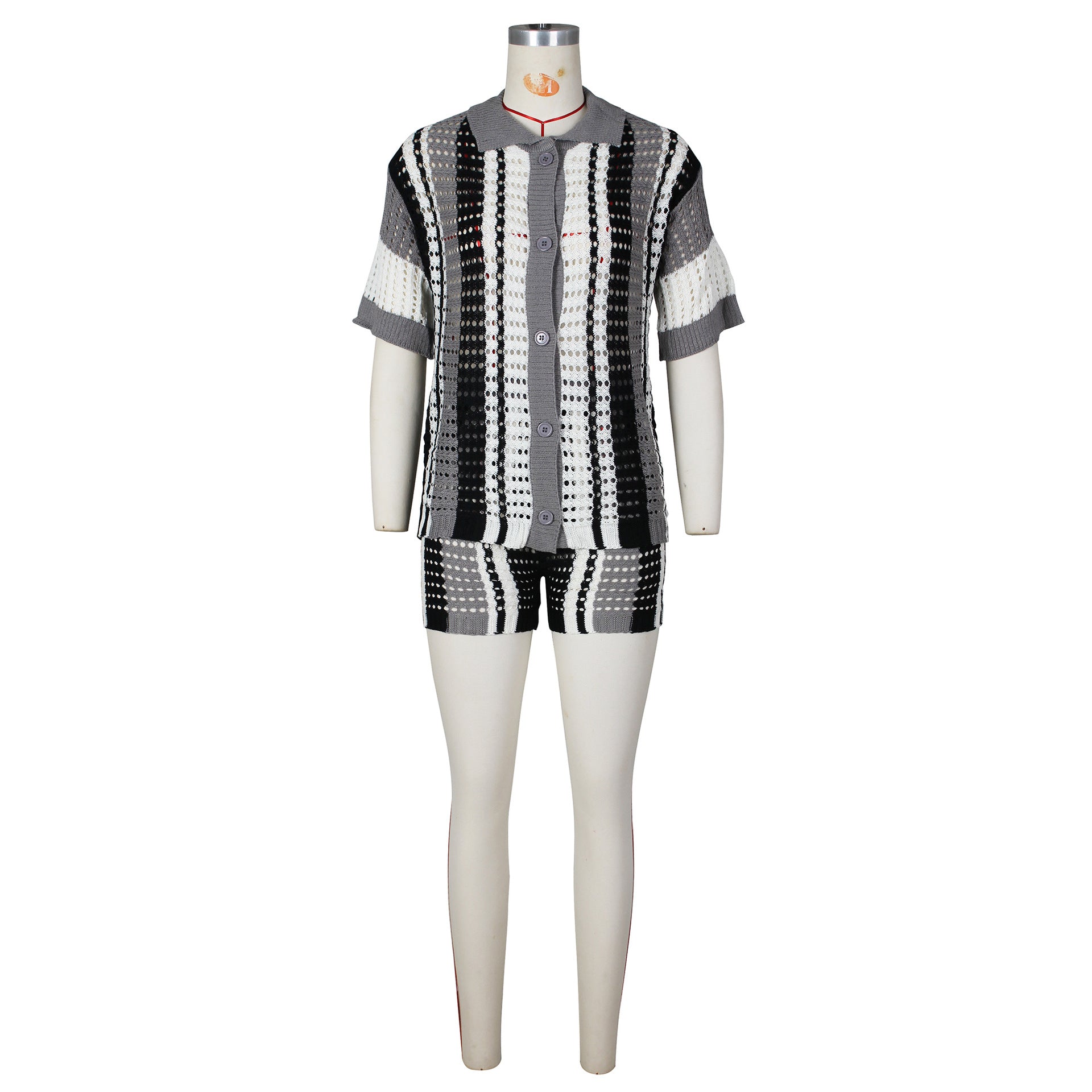 Hollow out See-through Contrast Color Lapels Knitted Shorts Suit