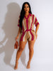 Hollow out See-through Contrast Color Lapels Knitted Shorts Suit