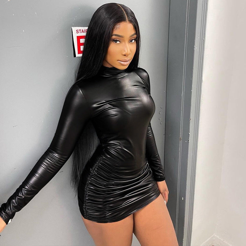 Faux Leather Pleated Long Sleeve Dress