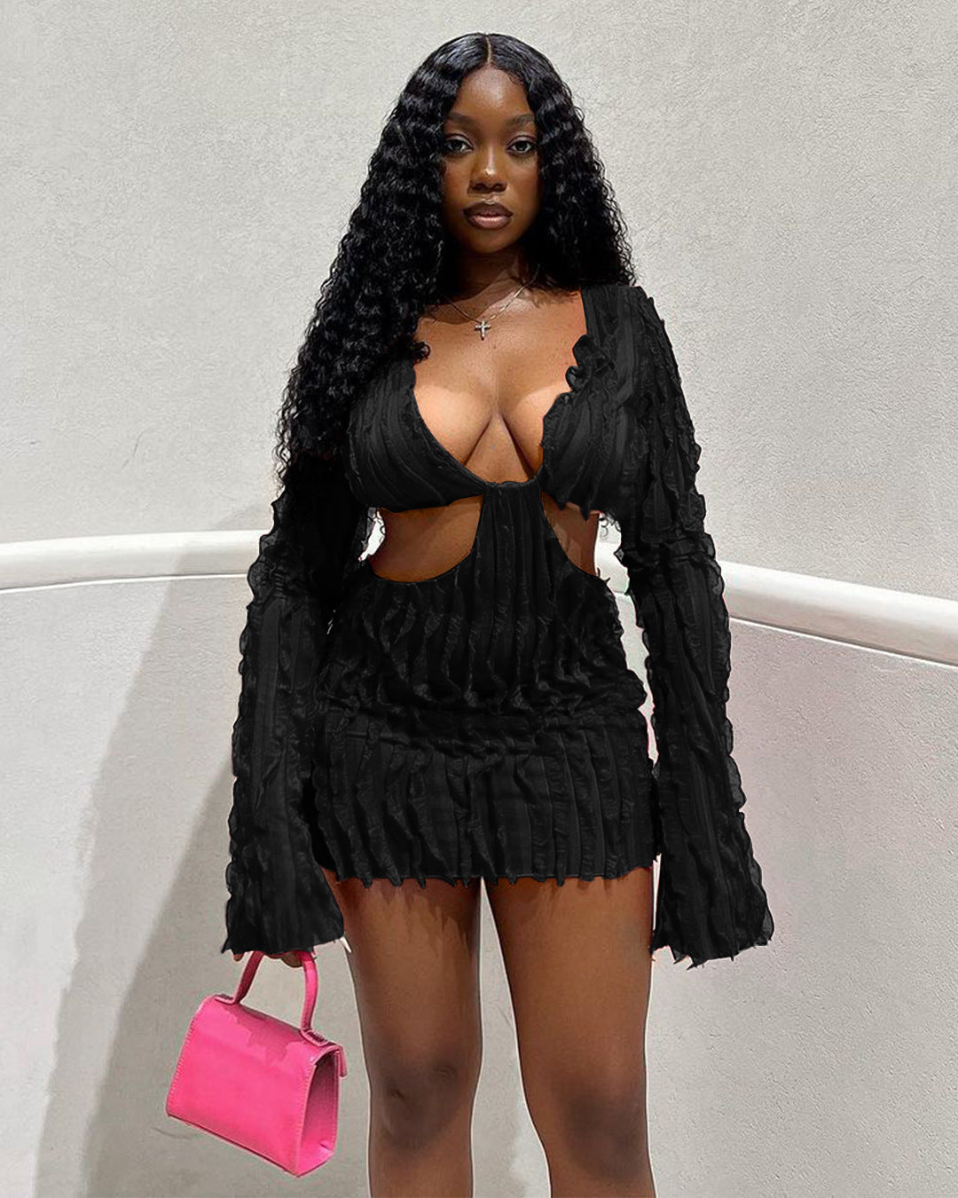 Long Sleeve Mesh Wave Pattern Sexy Short Dress