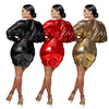 Solid color gilded long sleeved pleated short skirt dress