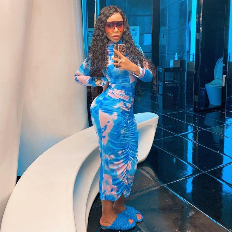 Stand Collar Printed Long Sleeve Ruffle Hip Dress