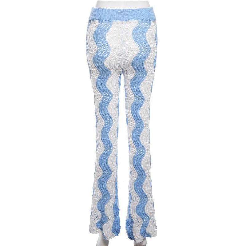 Wave Pattern Color Matching Knitted High Waisted Wide Leg Pants