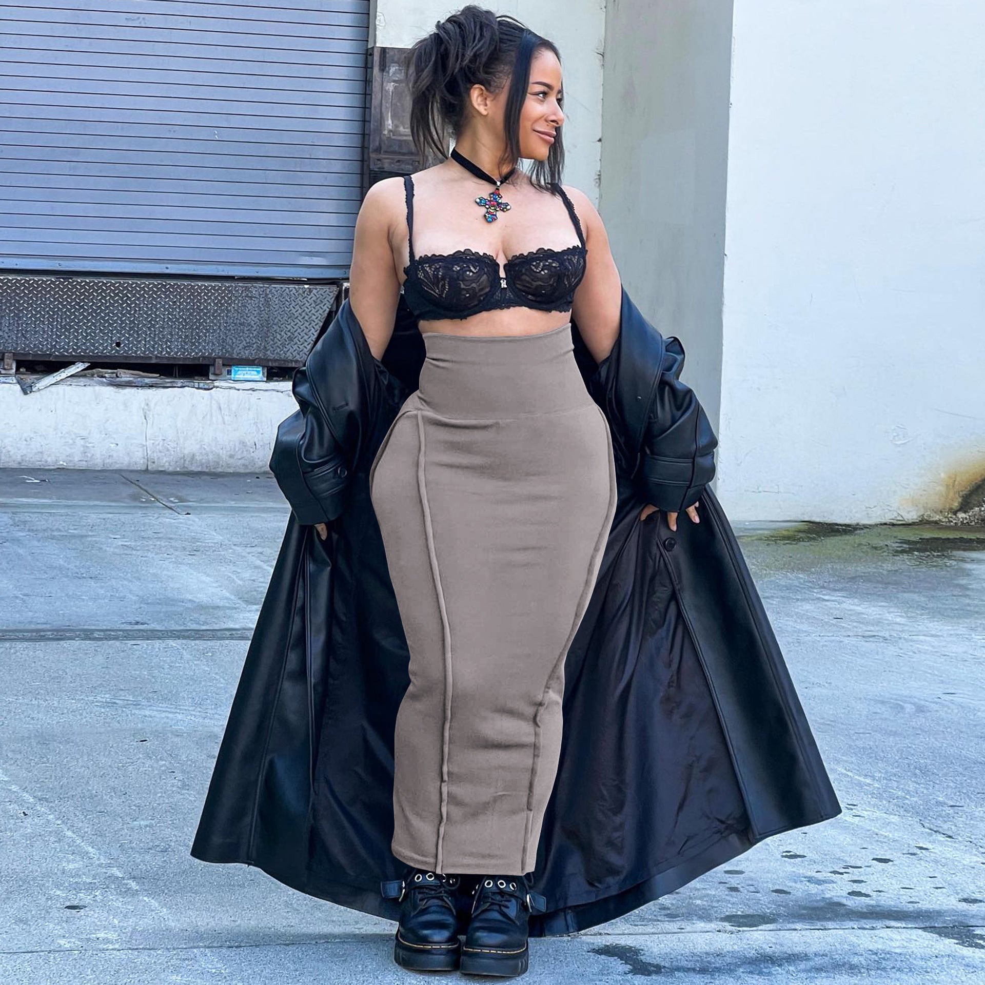 Solid color high waisted elastic waistband patchwork car edge one step skirt long skirt
