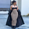Solid color high waisted elastic waistband patchwork car edge one step skirt long skirt