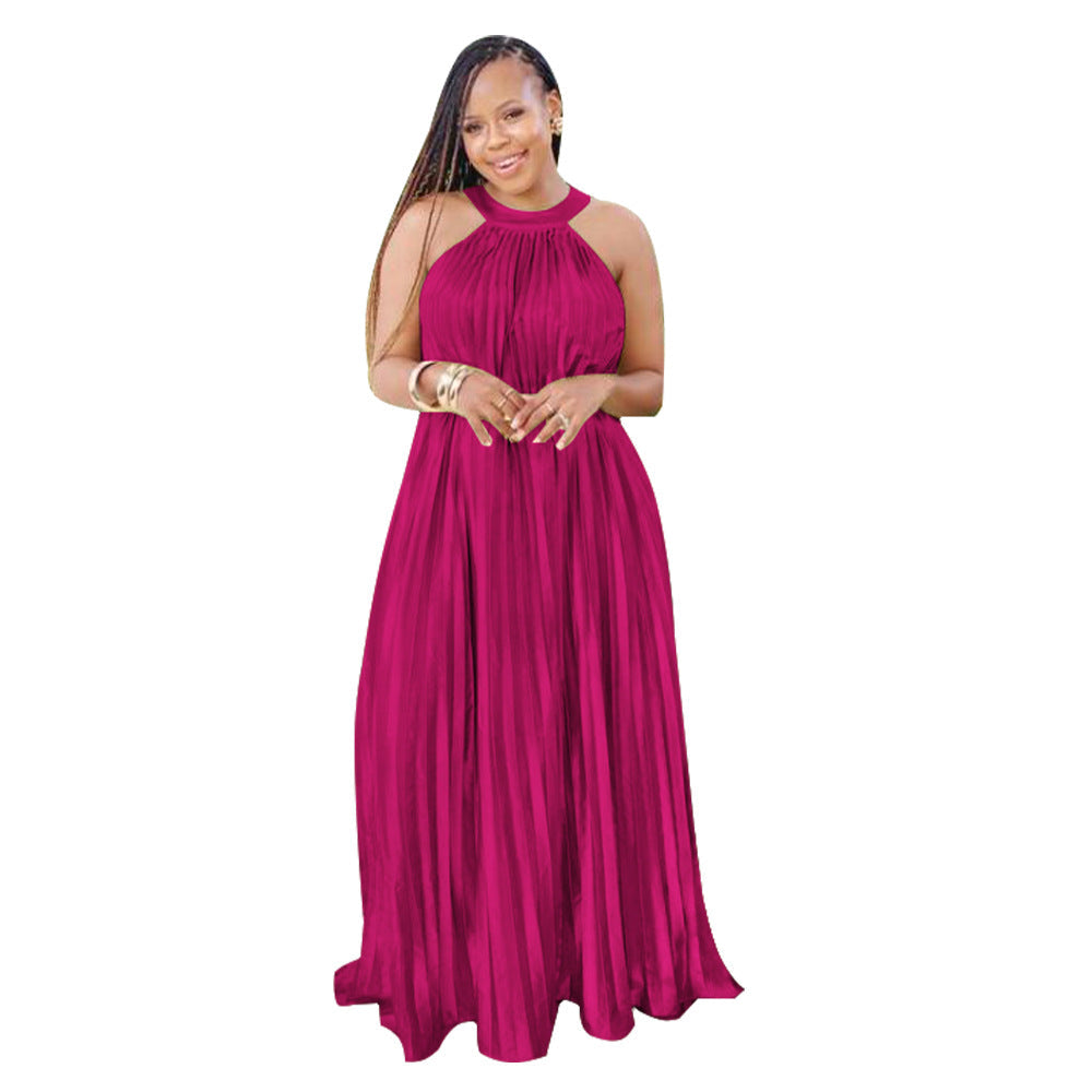 Sleeveless Off Shoulder Simulated Silk Pleated Large Swing Dress