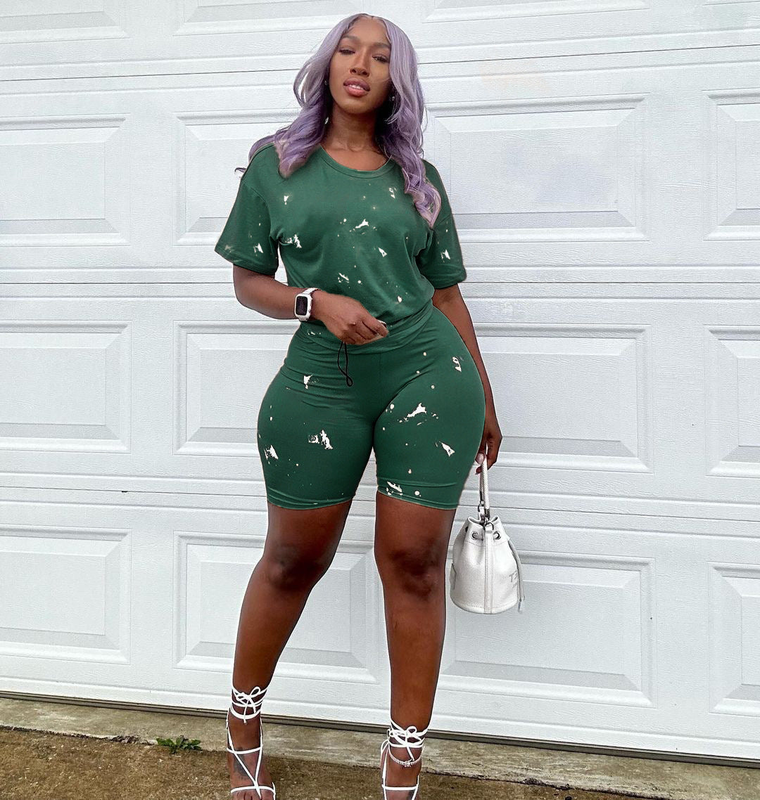Tie-dyed Round Neck Leisure Sports Two-piece Set