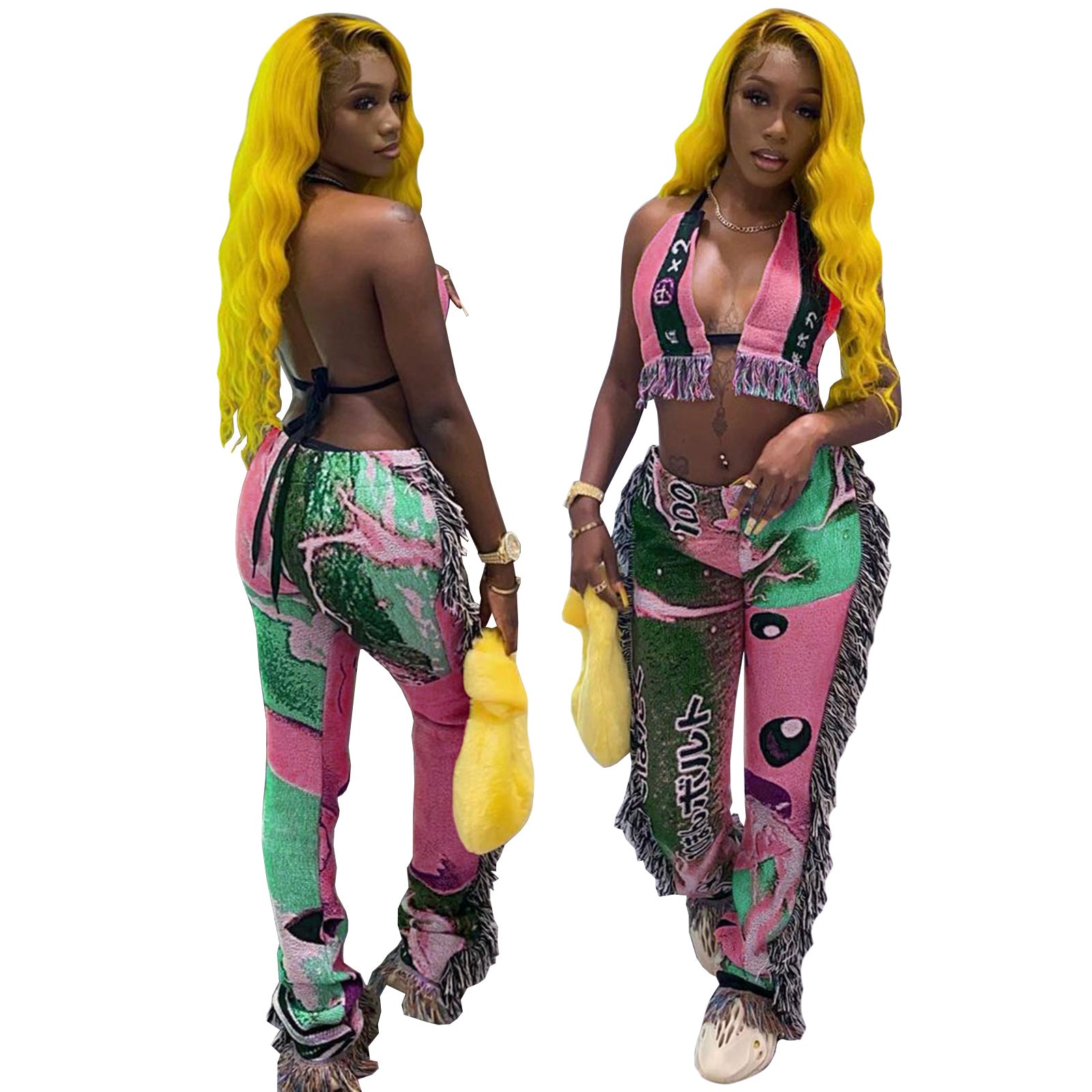Printed Shoulder-Wrapped Chest Backless Tassel 2PC Set