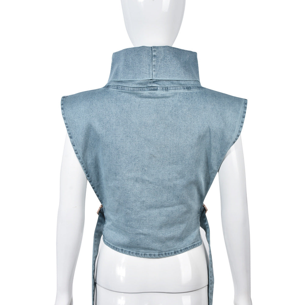 Lace-up Turtleneck Washed Sleeveless Denim Short Vest