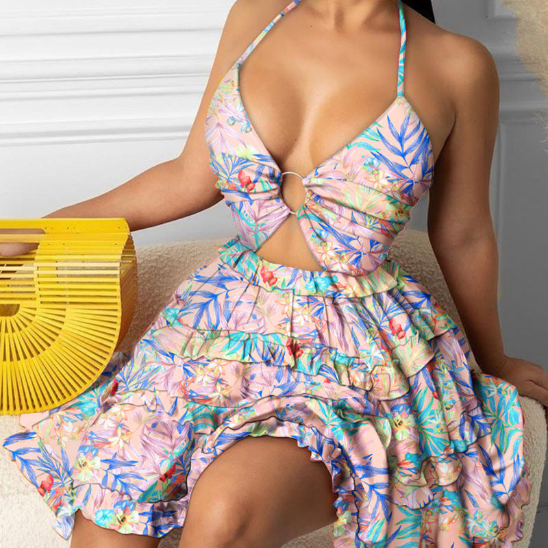 Printed Hollow-out Halter V-neck Cake Dress