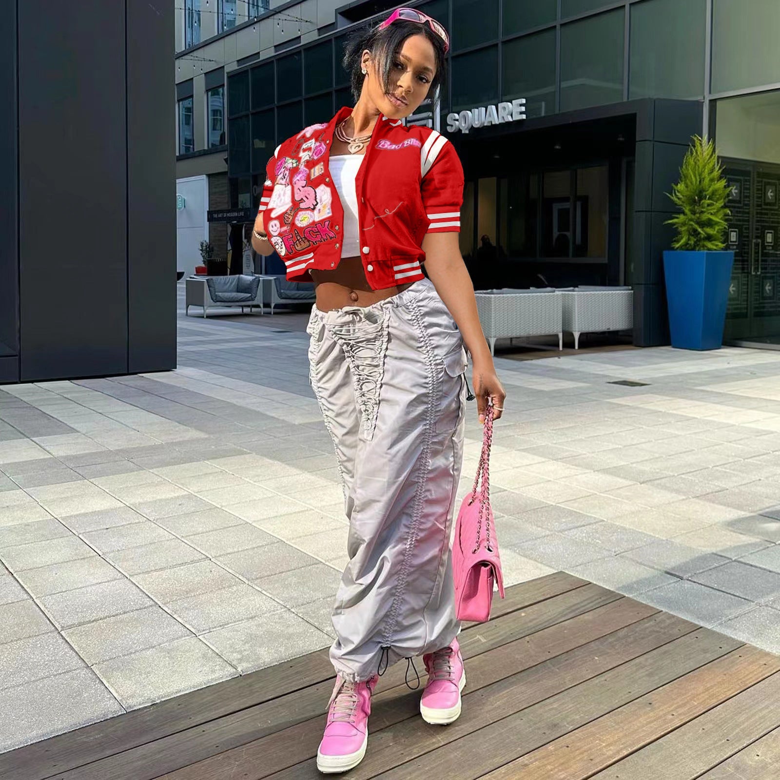 Printed Short-Sleeved Baseball Jacket