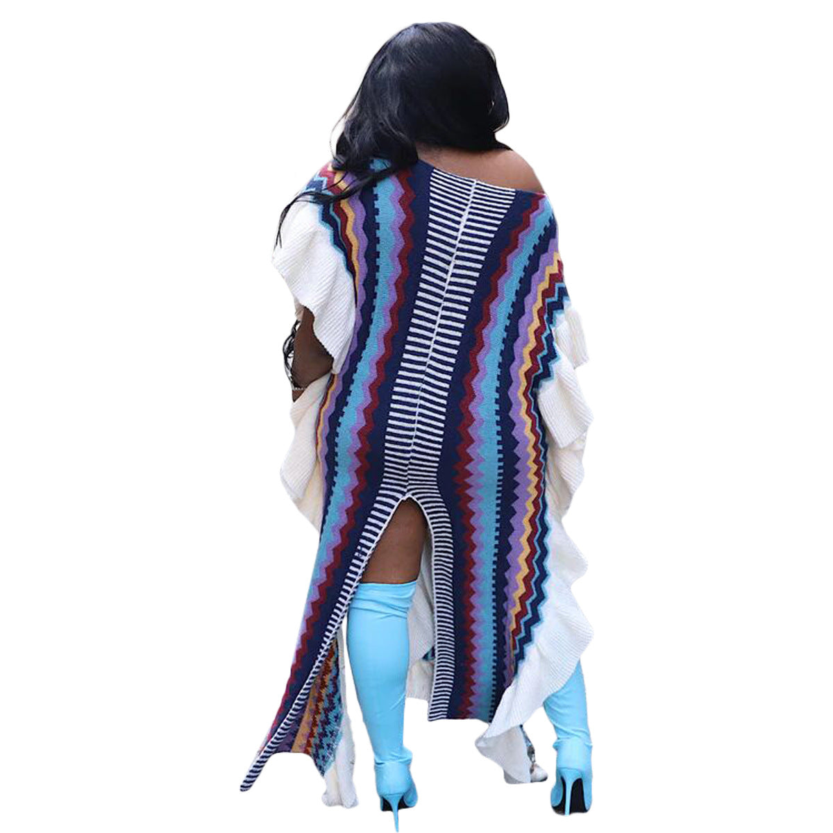 Ruffled Knitted Striped Slit Dress