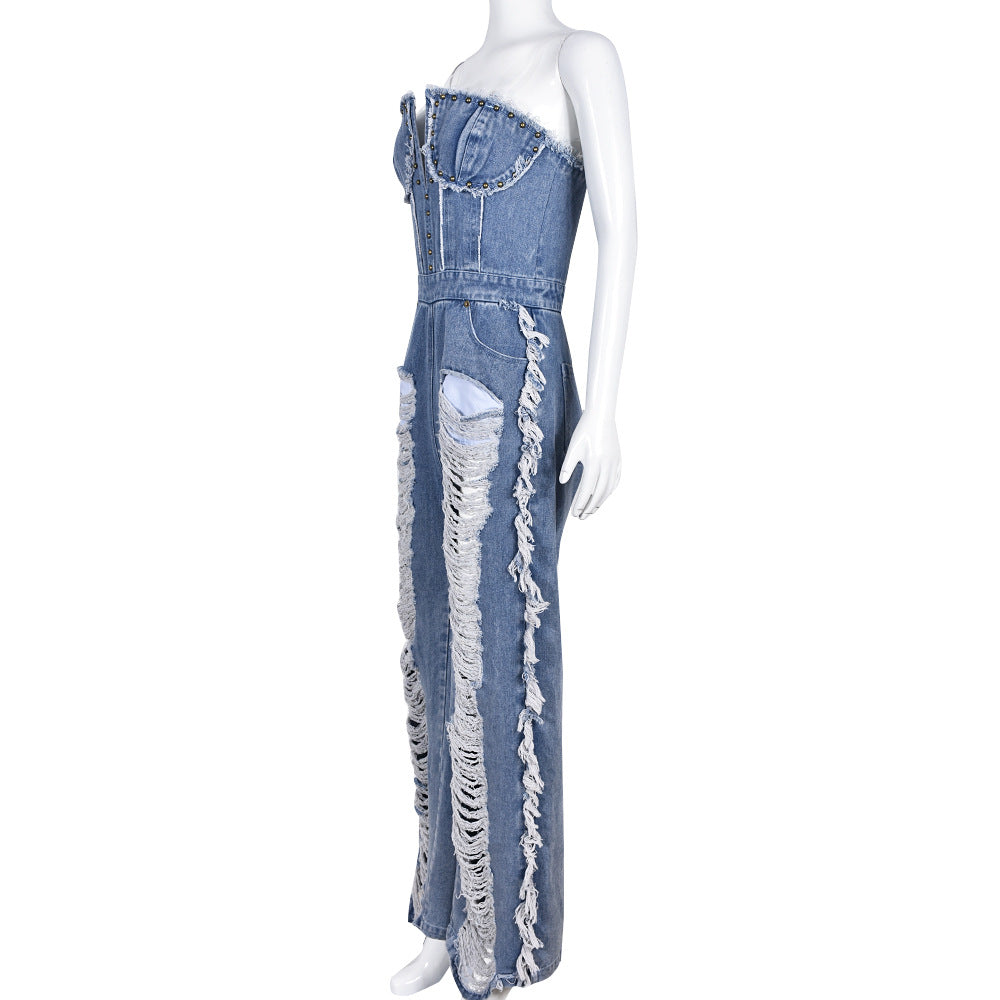 Tassel Hole Rhinestone Washing Water Denim Jumpsuit Female