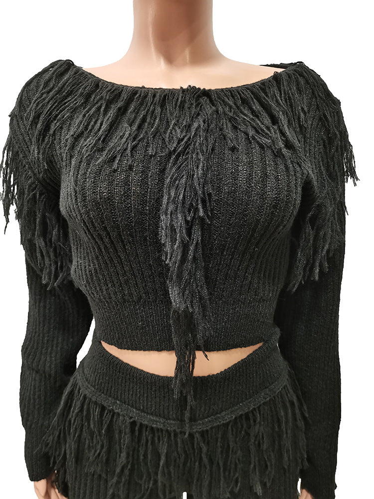Casual Solid Color Knitted Long Sleeve Tassel Suit Women's Knitted Sweater