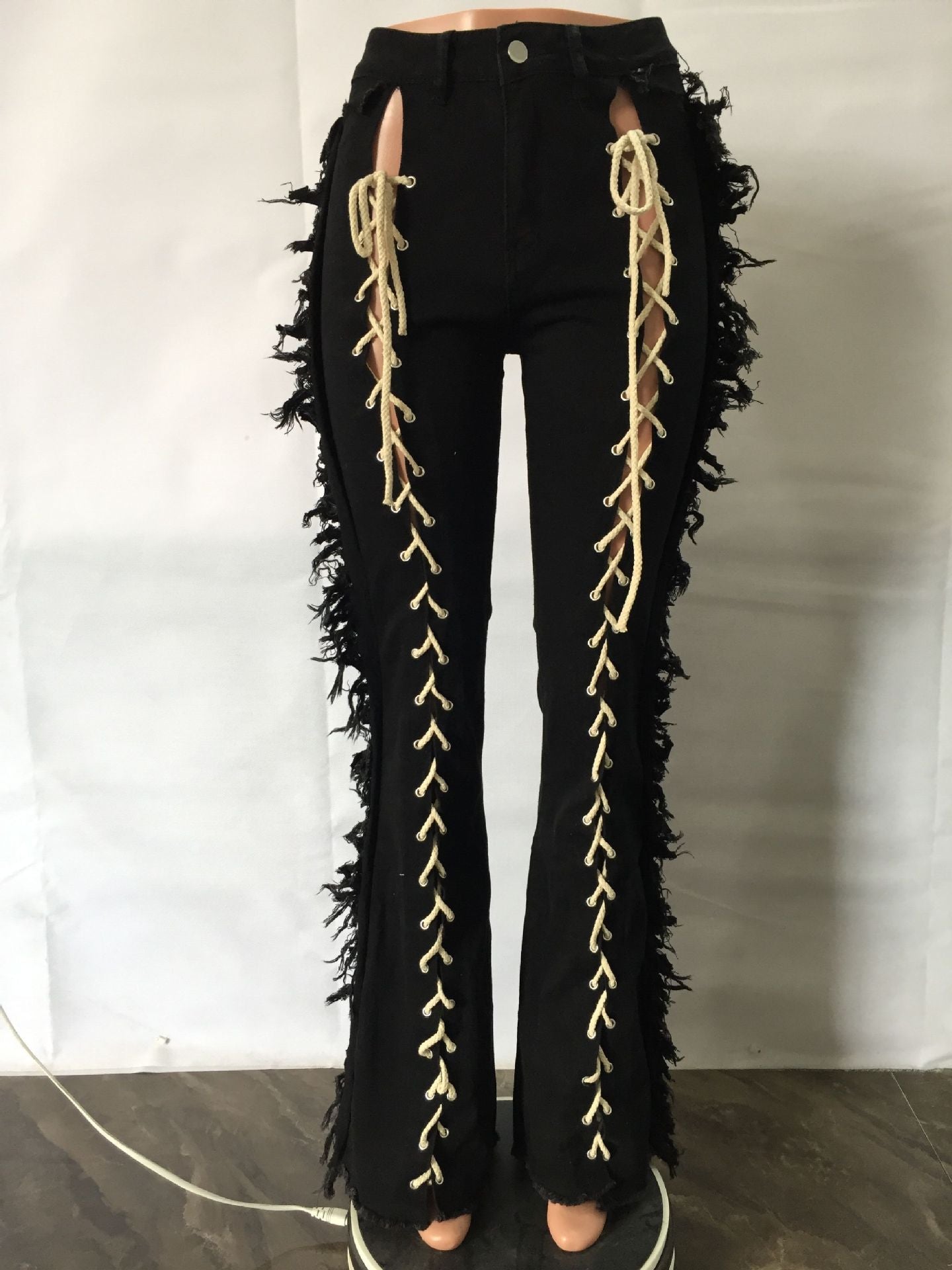 Eyelet String Tassel Straight Jeans