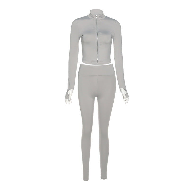 Stand Collar Zippered Long Sleeve Top High Waist Tight Trousers Set