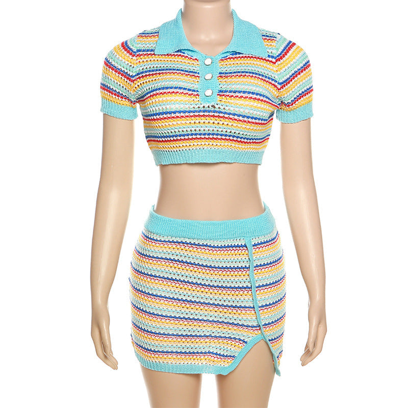 Crop Top-stripe Color-block Knit, Cropped Slim Fit Skirt