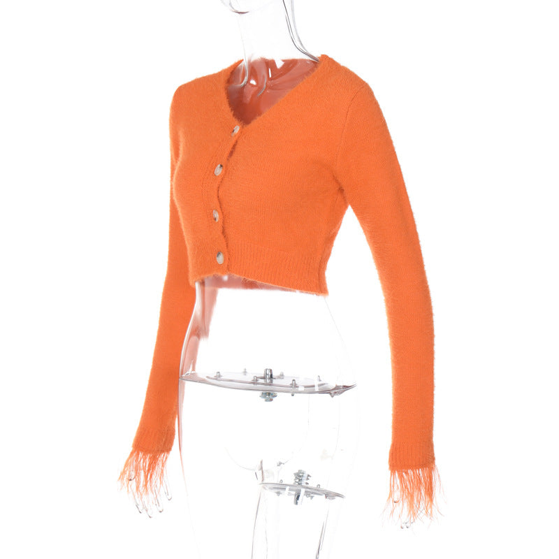 CARDIGAN SLIM LONG SLEEVE RUFFLE TOP