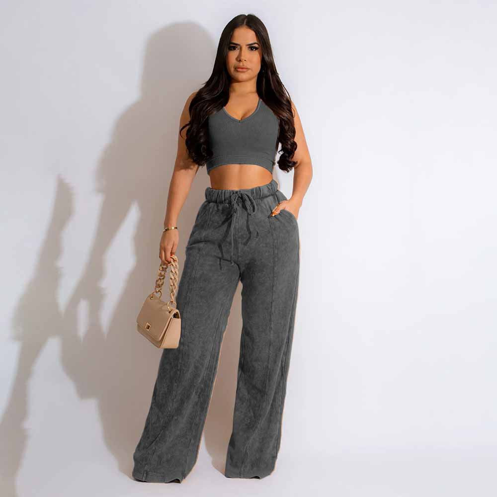 Sleeveless Open Waist Jacket Elastic Waist Wide-leg Pants Suit