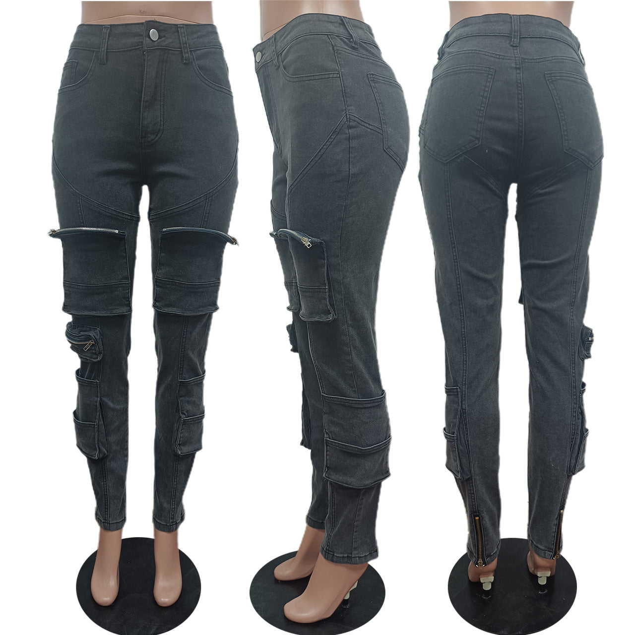 Multi Pocket Zipper Elastic Feet Jeans