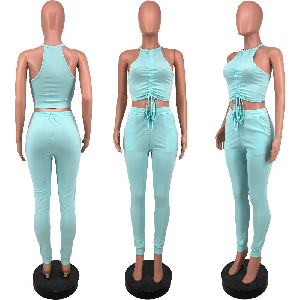 Solid Color Pleating Vest 2PC Set