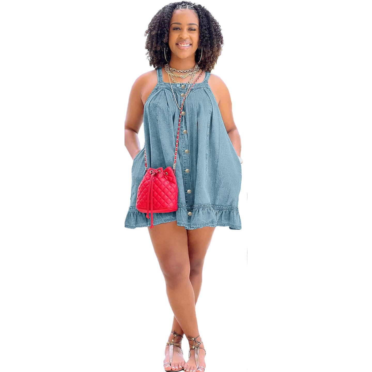 Button Pocket Loose Denim Dress