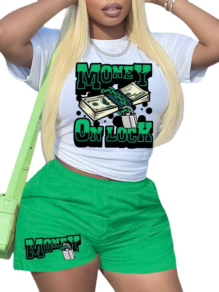 Banknote Printed T-shirt Short Sleeve Shorts 2PC Set