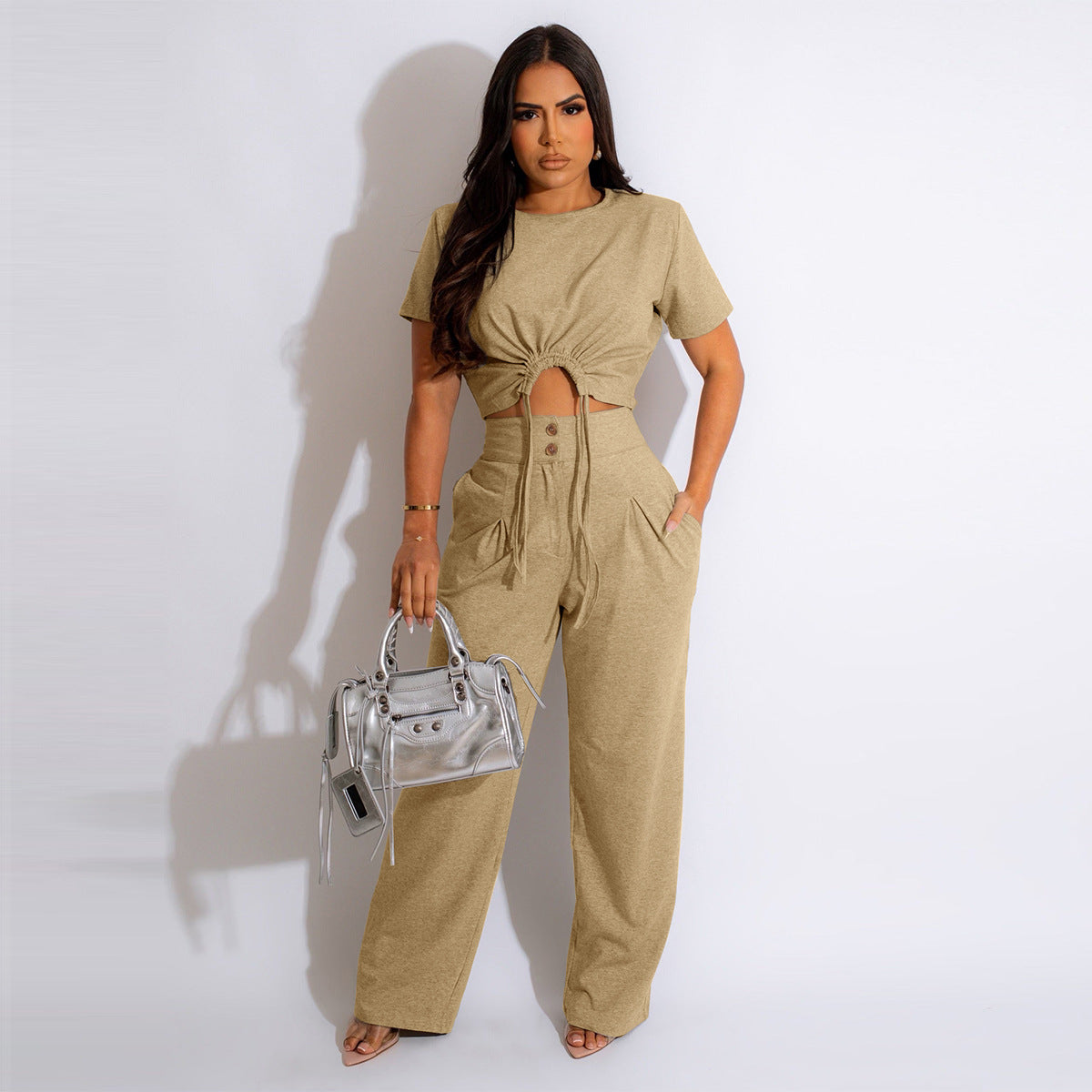 Cotton Short-sleeved Pleated T-shirt Wide-leg Pants Two-piece Suit
