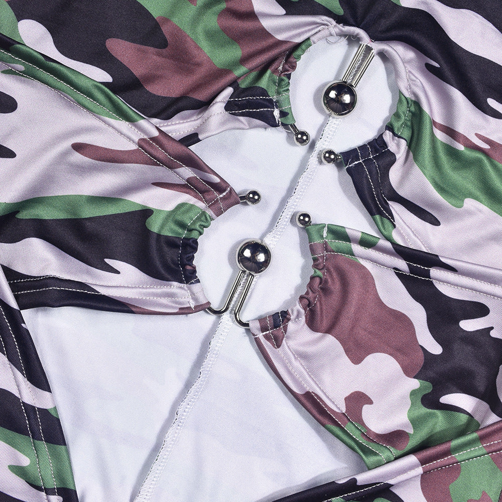 Openwork Print Camouflage Jumpsuit