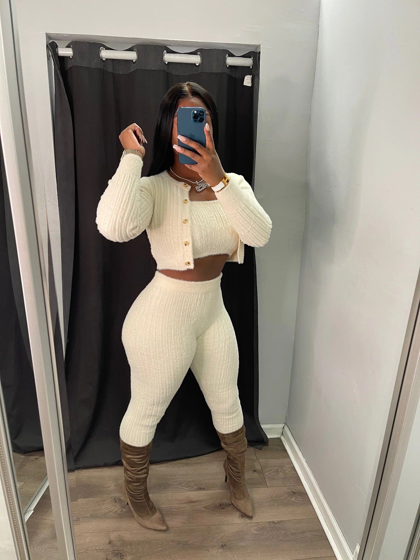 Solid Color Knitted Sweater Sexy Slim-Fit Cardigan 3PC Set