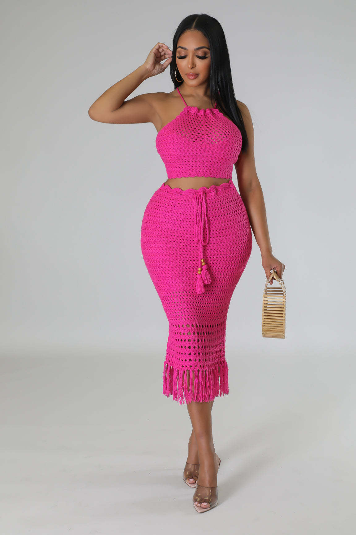 Tassel Fishing Net Knitted Two Piece Set