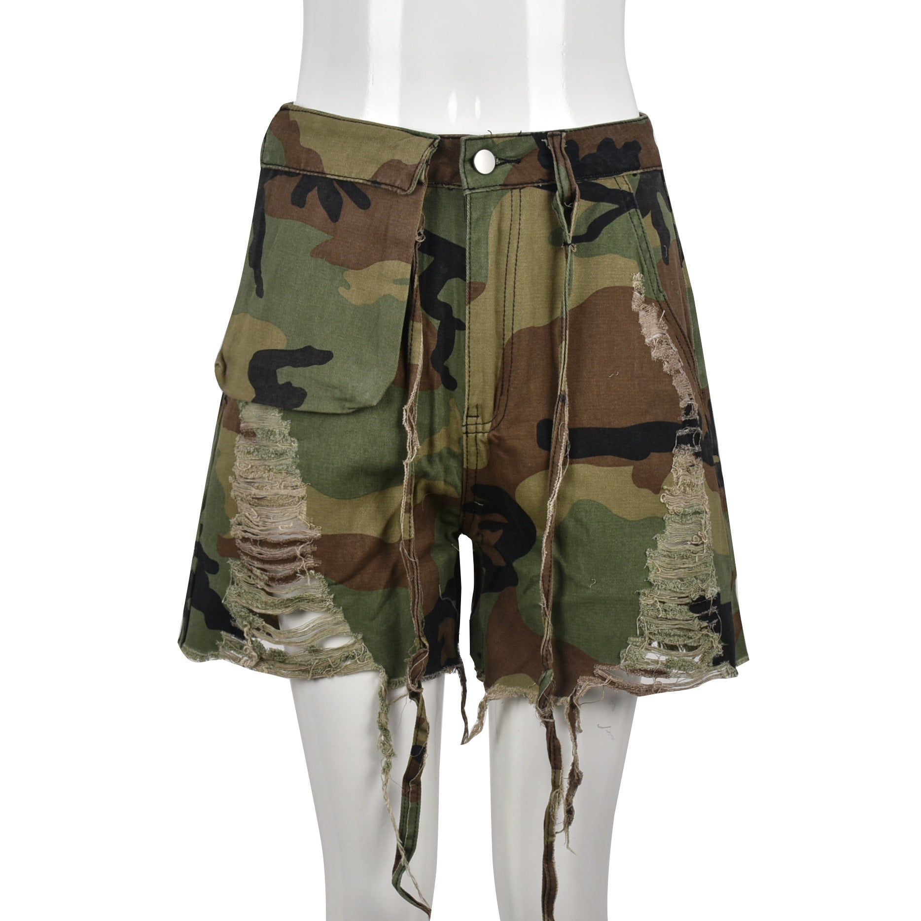 Camouflage Workwear Pocket Tassel Ripped Short