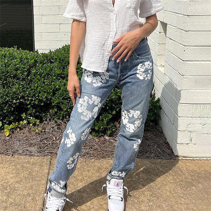 Printed high waisted casual straight jeans