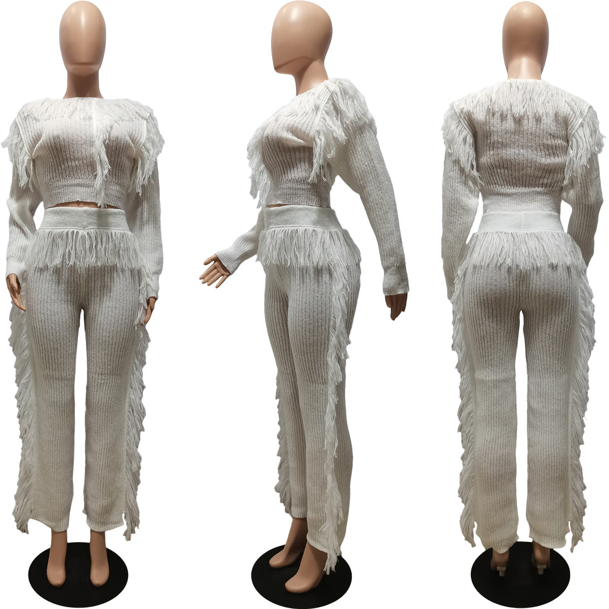 Casual Solid Color Knitted Long Sleeve Tassel Suit Women's Knitted Sweater