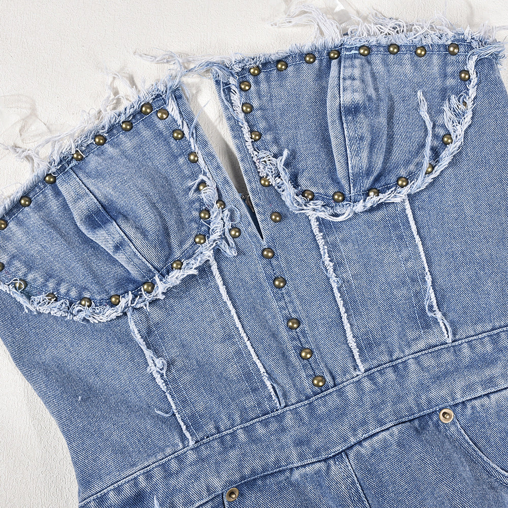 Tassel Hole Rhinestone Washing Water Denim Jumpsuit Female