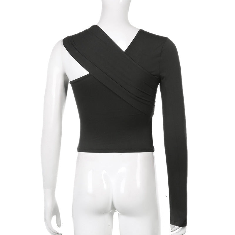 One Shoulder Asymmetric Solid Color Long Sleeve Top T-shirt