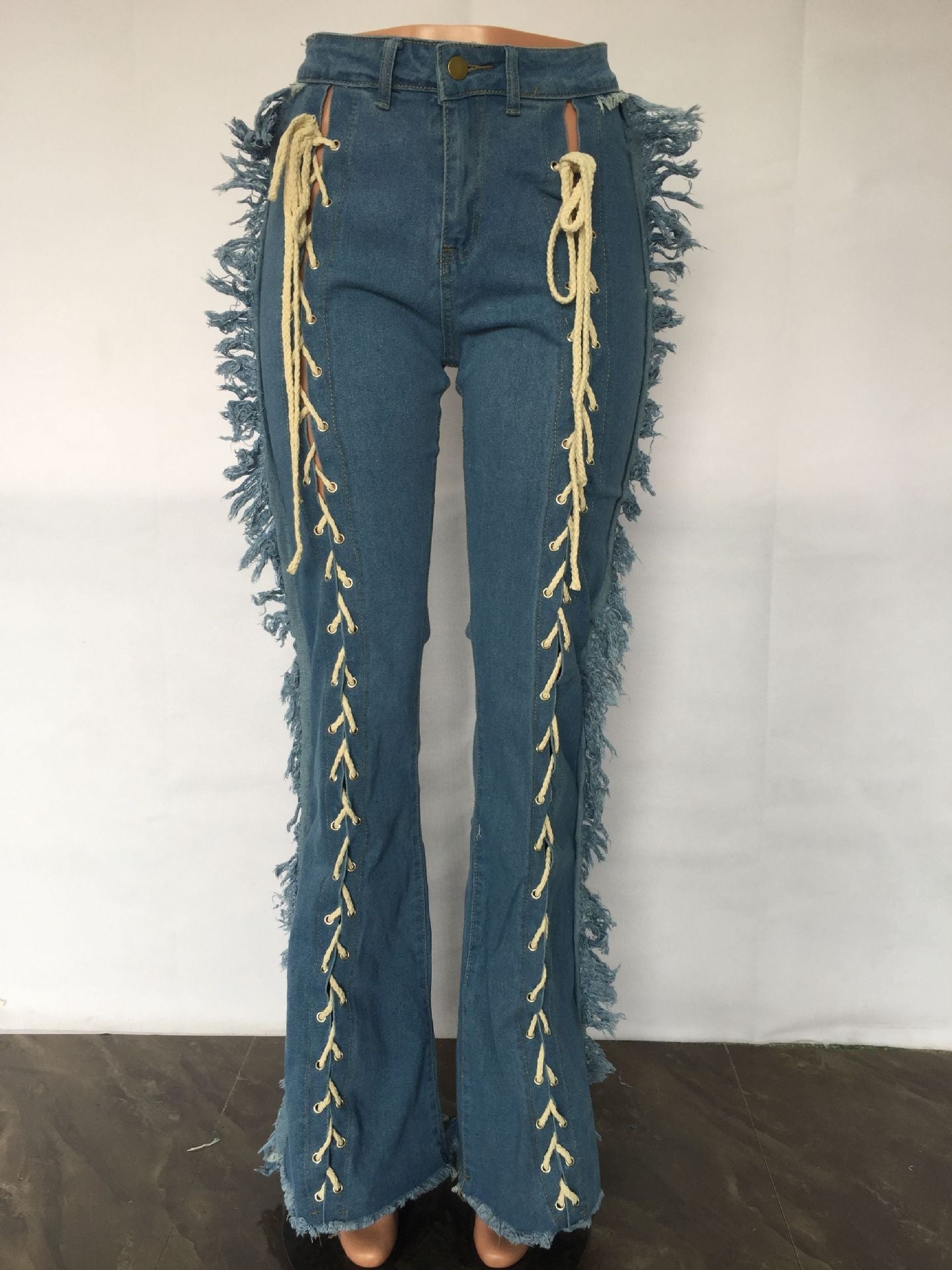 Eyelet String Tassel Straight Jeans