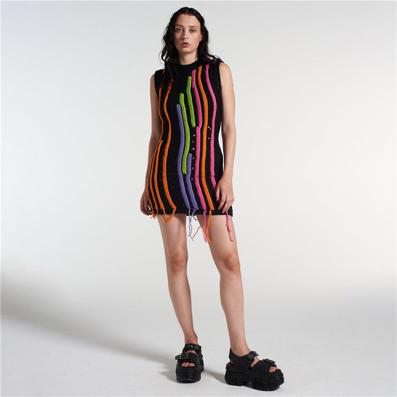 Fringe Sleeveless Slim Fit Panel Knit Dress