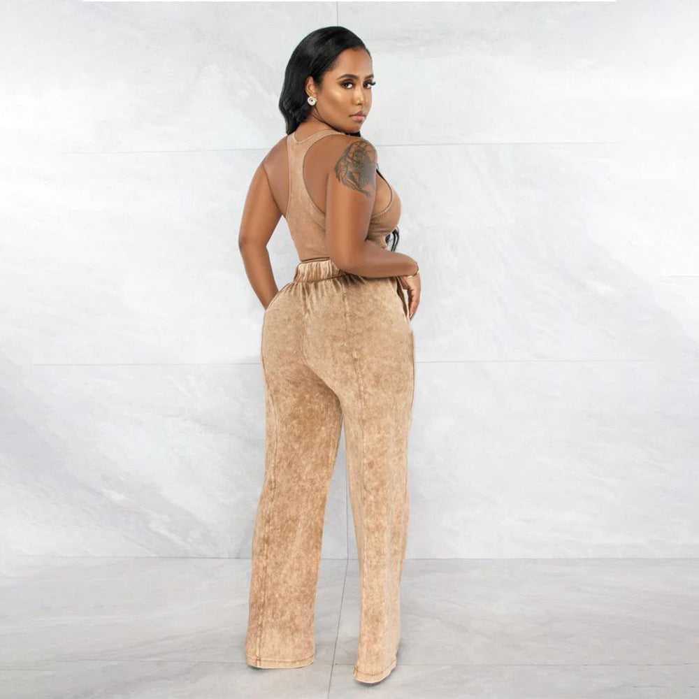 Sleeveless Open Waist Jacket Elastic Waist Wide-leg Pants Suit