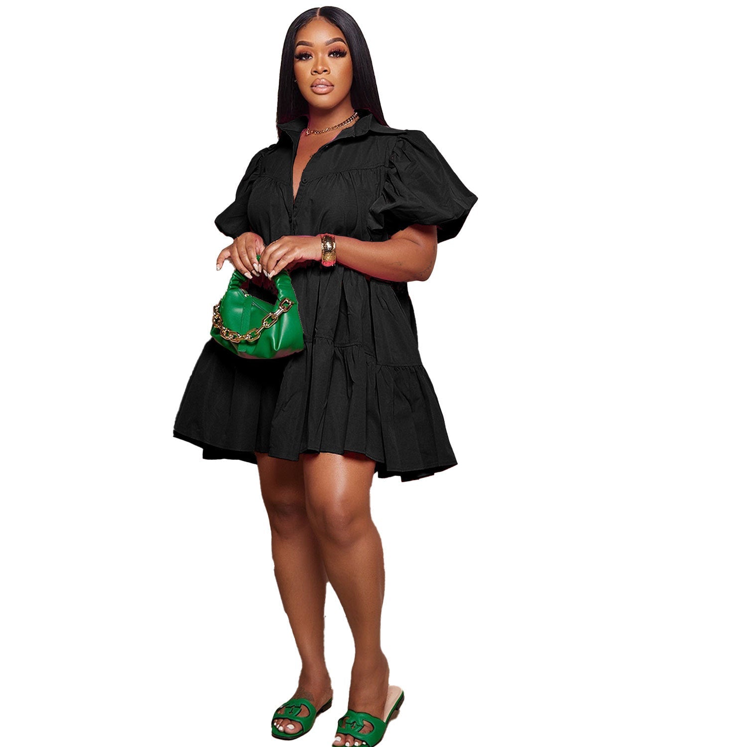 Puff Sleeve Loose Pleated Dress