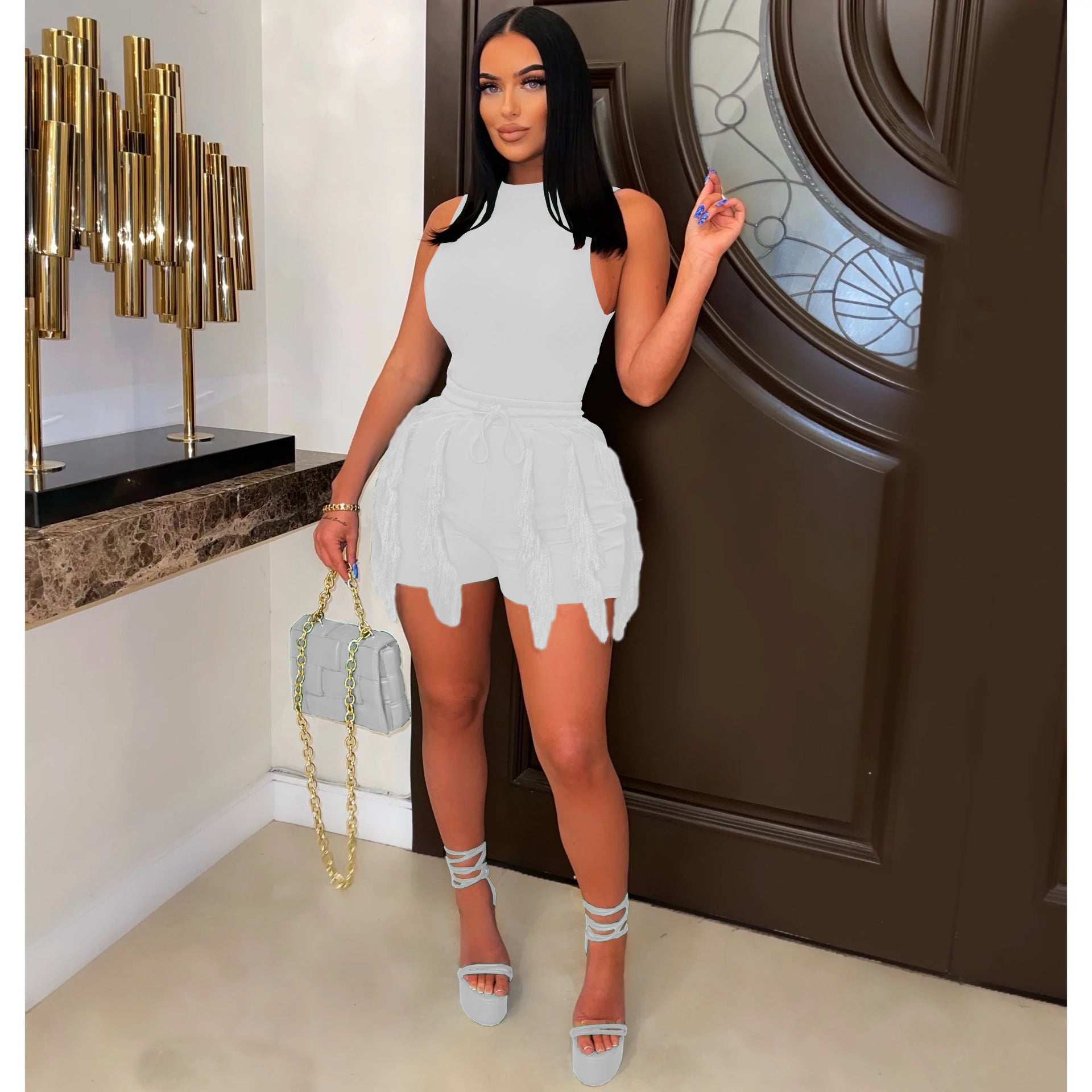Drawstring Tassel Solid Color Dress 2PC Set