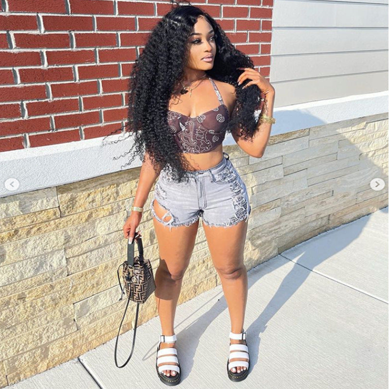 Ripped High Elastic Denim Shorts