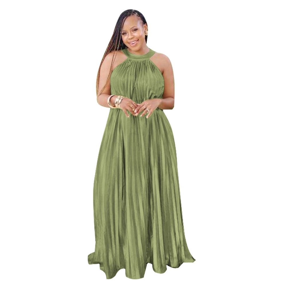 Sleeveless Off Shoulder Simulated Silk Pleated Large Swing Dress