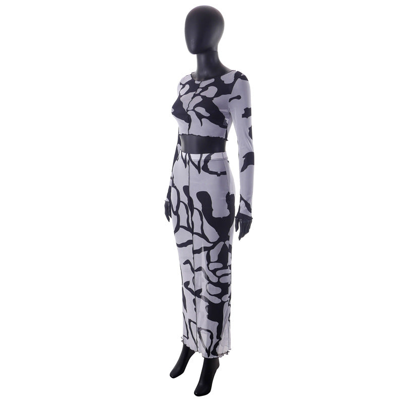 Printed Navel Long-sleeved Top and Long Skirt Set